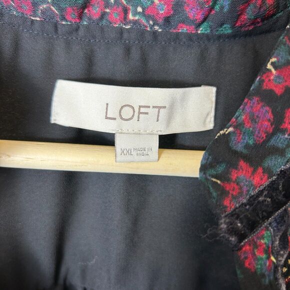 Loft Green Red Blue Floral Chiffon Velvet Trim V-Neck Sheer LS Blouse Size XXL - Picture 4 of 15